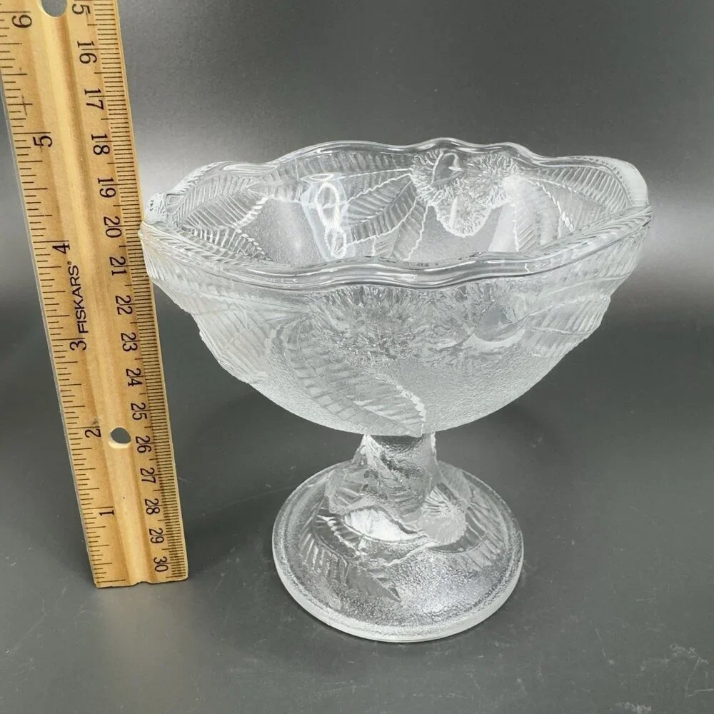 Luminarc Embossed Fruit Glass Footed Dishes Dessert Bowl France Set 2‎ Clear VTG